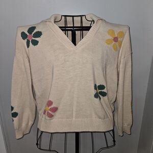 Cato Cream V-Neck Sweater with Floral Accents